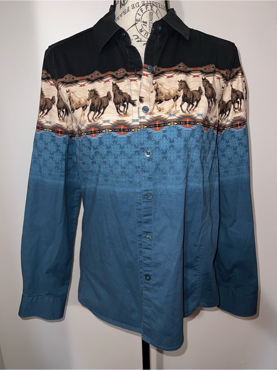 Bit & Bridle Tops - Bit & Bridle Western Horse Print Ombre Button Up Shirt - Size Medium